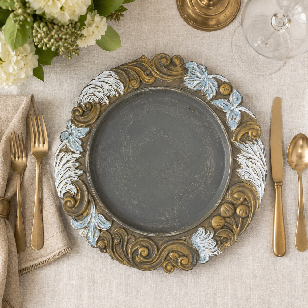 Vtg Lot 4 x Pottery Barn Decorative Charger Plates 14" Distressed Floral Scrolls